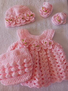 Crochet Baby Girl Pink Rosebud Heirloom Dress Set Photo Prop